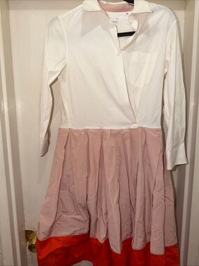 White and Blush Colorblock Shirt Dress with Red Hem